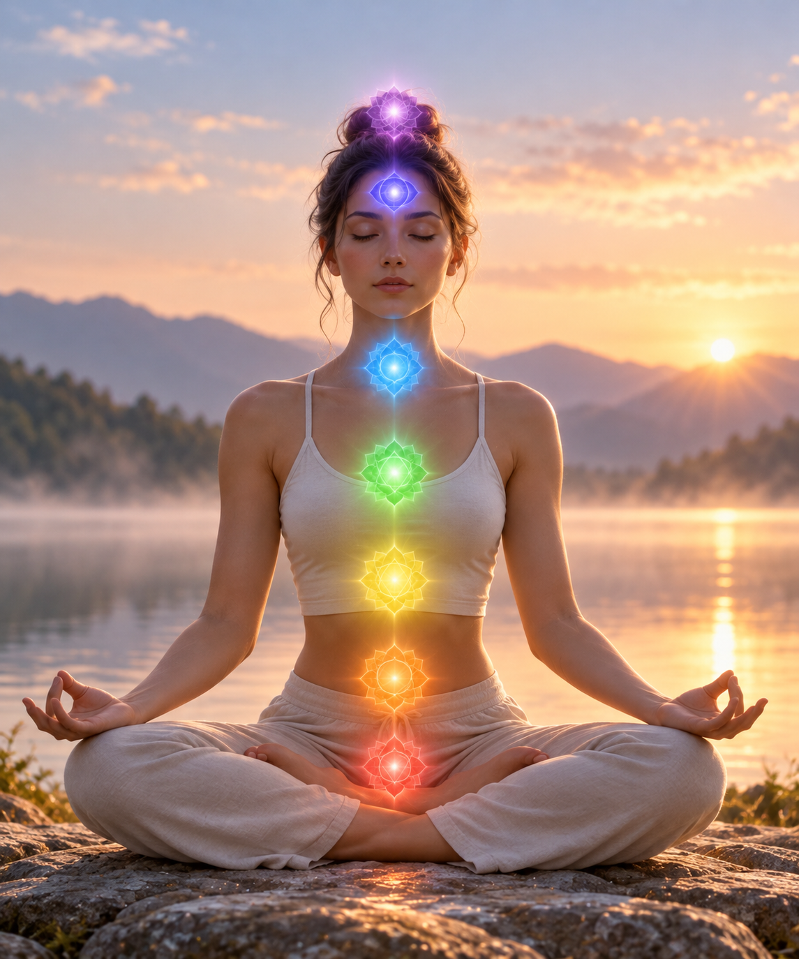 Seven chakras on woman meditating